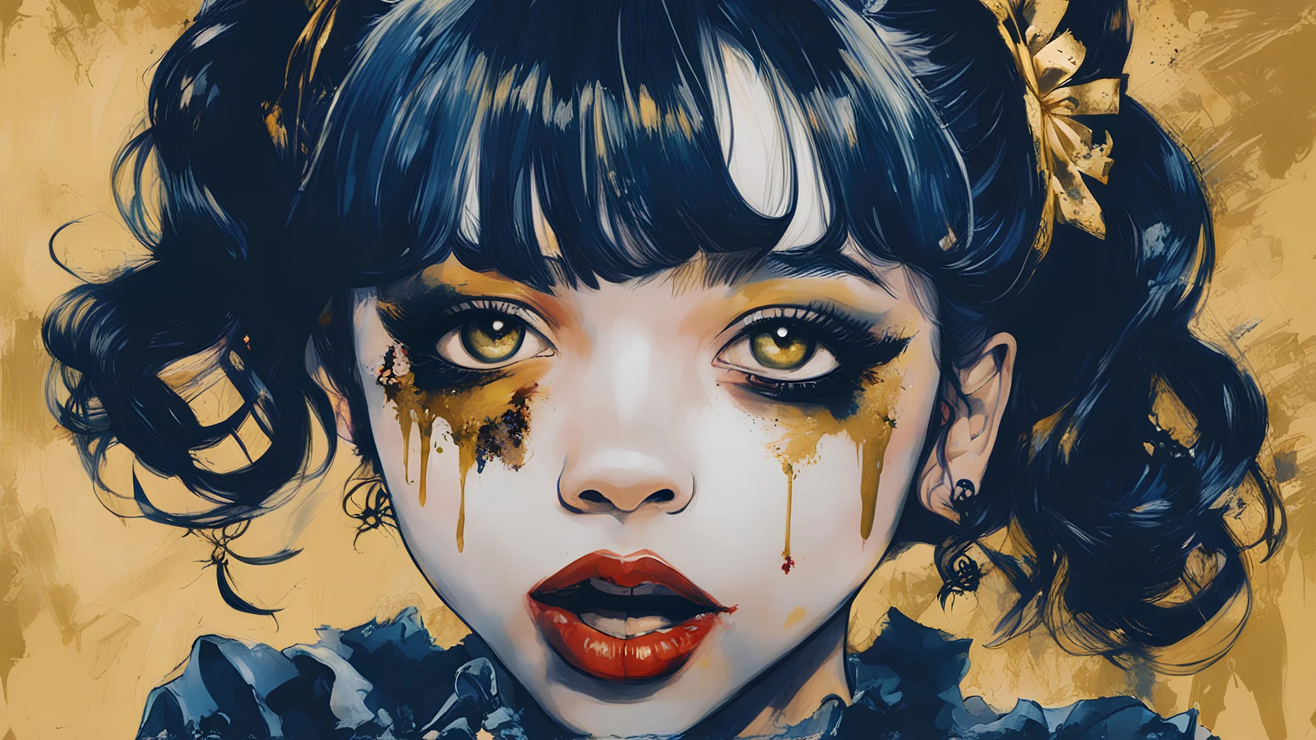 Poster in two gradually, a one side malevolent goth vampire girl face and other side the Singer Melanie Martinez face, painting by Yoji Shinkawa, darkblue and gold tones,