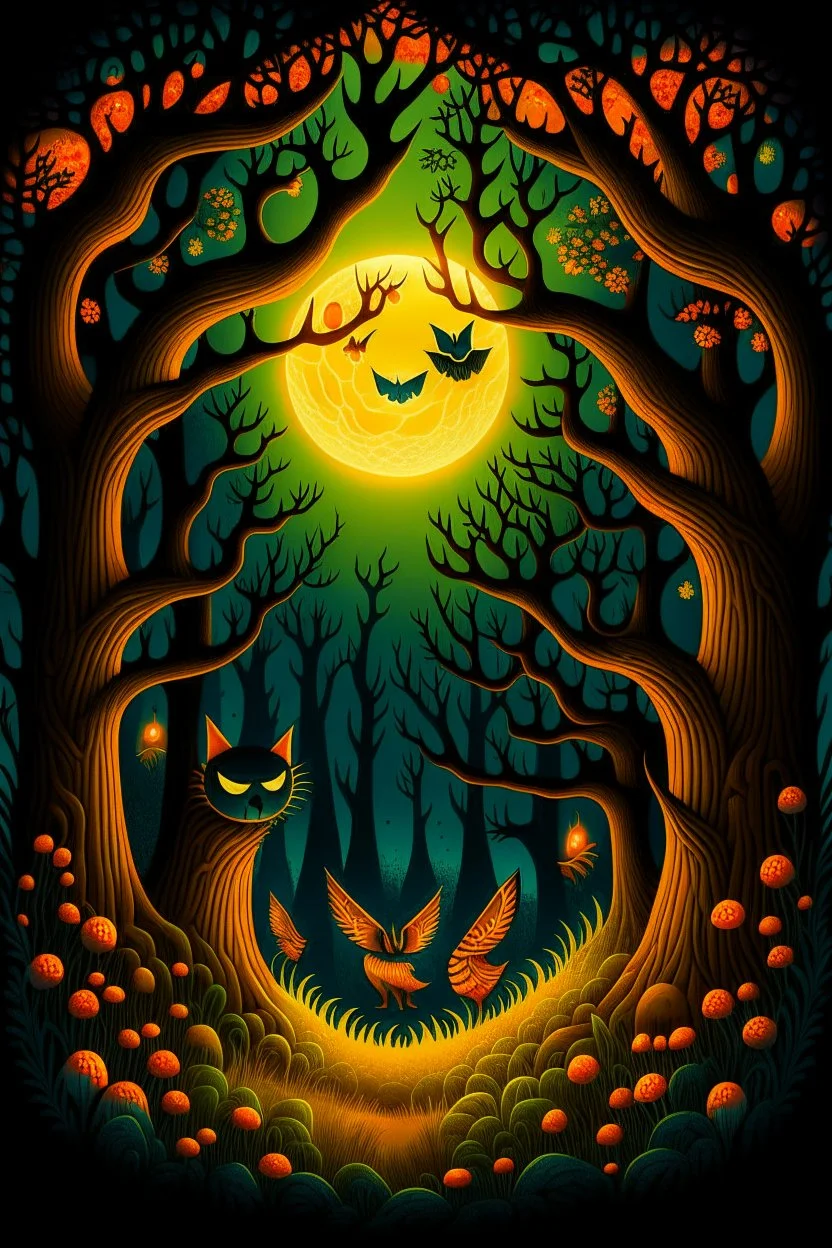 Design a cover featuring an enchanted forest with trees adorned with glowing jack-o'-lanterns, mystical creatures like owls and bats, and a crescent moon casting an eerie glow.