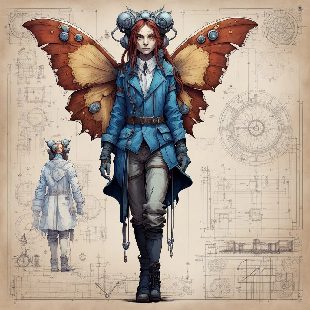 Jean-Baptiste Monge style hand drawn technical,full body portrait illustration , with detailed blueprints and engineering schematics of a walking hybrid Atlas moth insect girl, with highly detailed facial features, drawings, and technical notation, 8k, vibrant natural colors