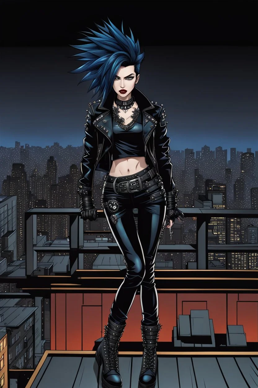 Goth_punk style,dynamic pose, full body ,((on top of a rooftop at night)), blue and black hair mix, shiny eyes, dark lipstick, goth black leather jacket with spiky decorations, blue shirt, black leather tight pants, combat boots with spiky decorations, goth black belt with spiky decorations, sharp focus, detailed, intricate detail, splash screen