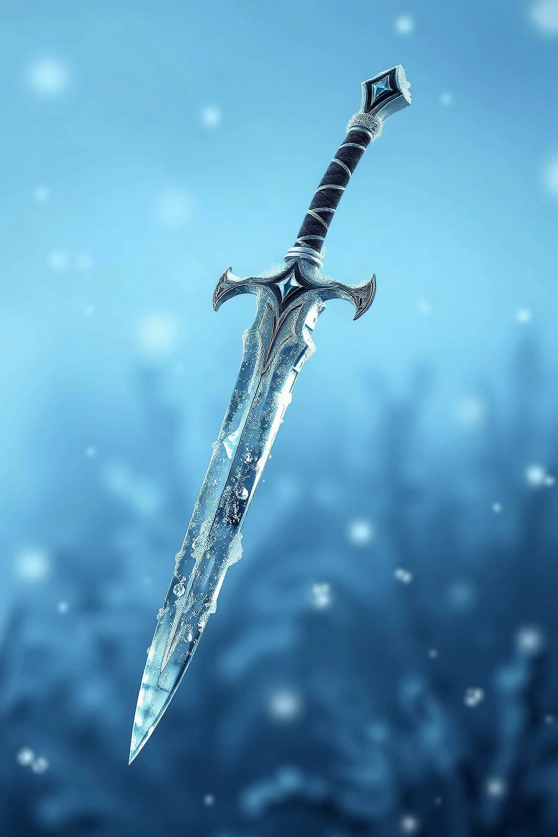 An icy curved arabic sword with cold aura surrounding it with snowy background