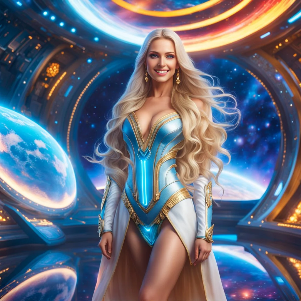 (masterpiece, best quality, 8k, RAW photo, beautiful and aesthetic:1.2), complex detail, Indirect light, photorealistic, (((full body))), 2 Cosmic <russian goddess smiling, long curved blonde hair, Mixed, sci-fi and traditional russian outfit, colorfull Sci-Fi environment