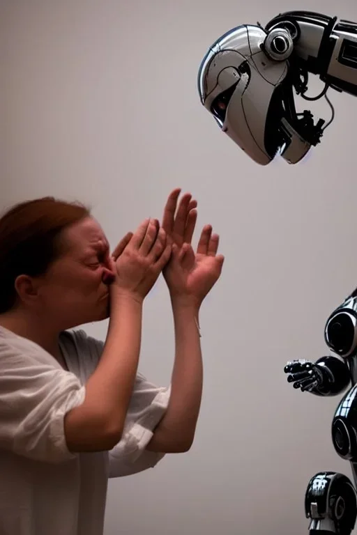 Artist crying next to a robot