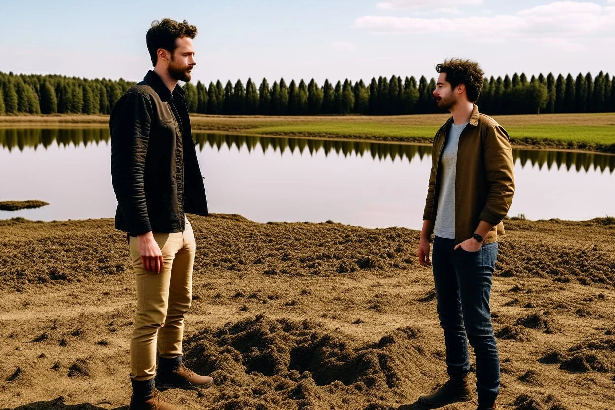 A picture of two people exchanging criticism in a constructive and respectful manner, standing on a land surrounded by dirt, and behind them a lake