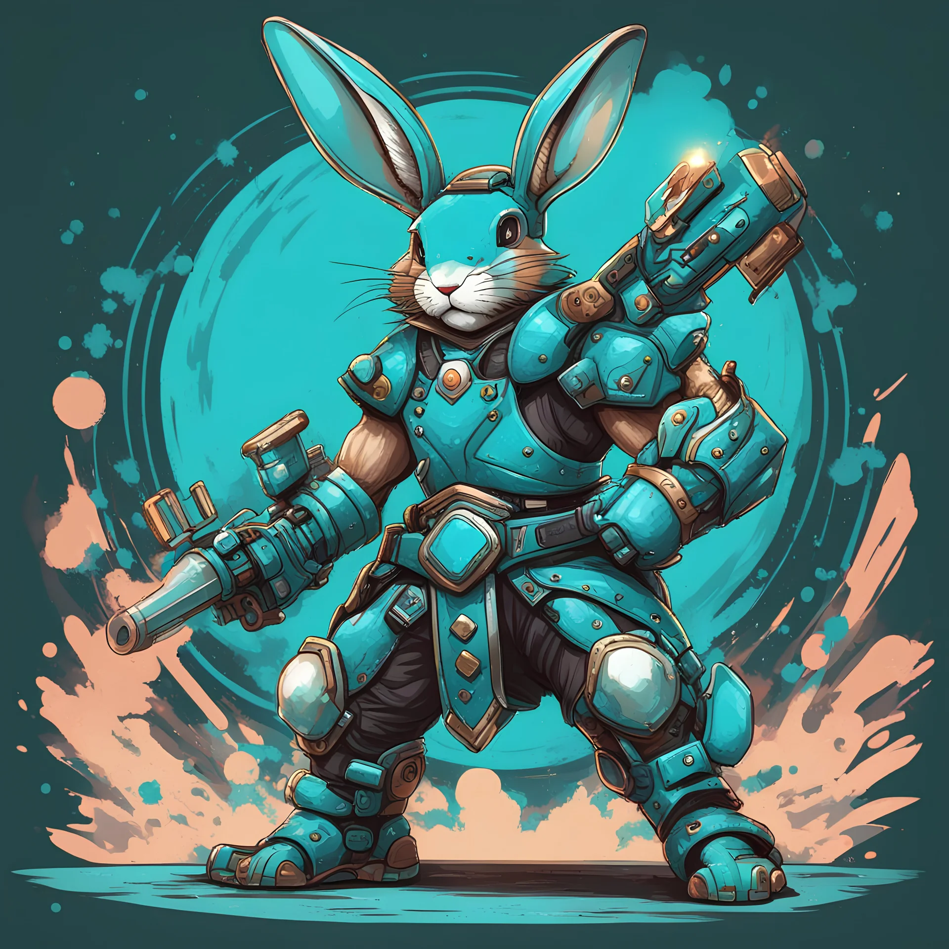 World Eliminator in rabbit turquoise art style with background