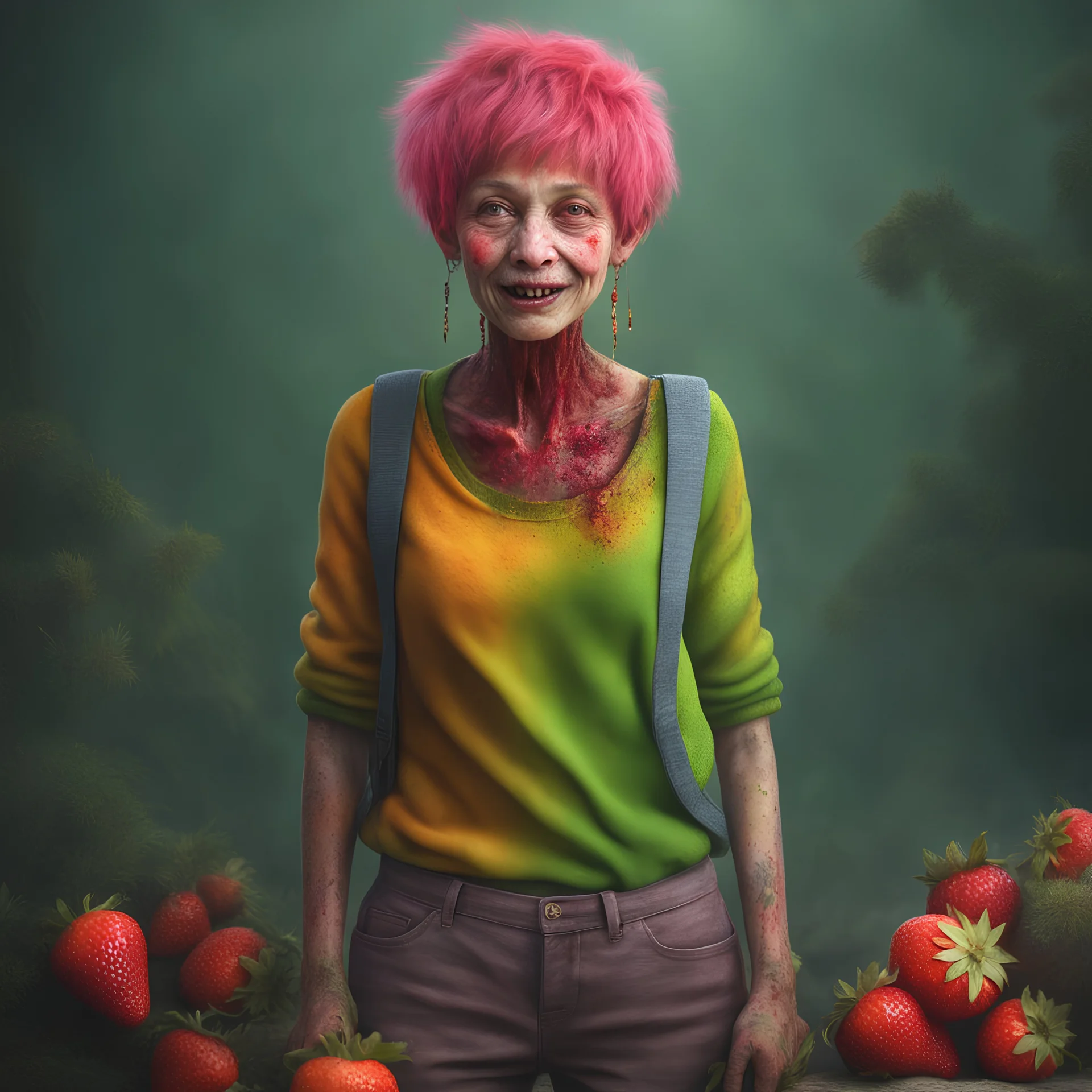 An amusing parody, an old, decomposing strawberryzombiegorillawitch with pixie-cut hair, wearing rotting clothes, 4k, 8k, 32k UHD, Hyper realistic, extremely colorful, vibrant, photorealistic, realistic, sharp, highly detailed, professional quality,