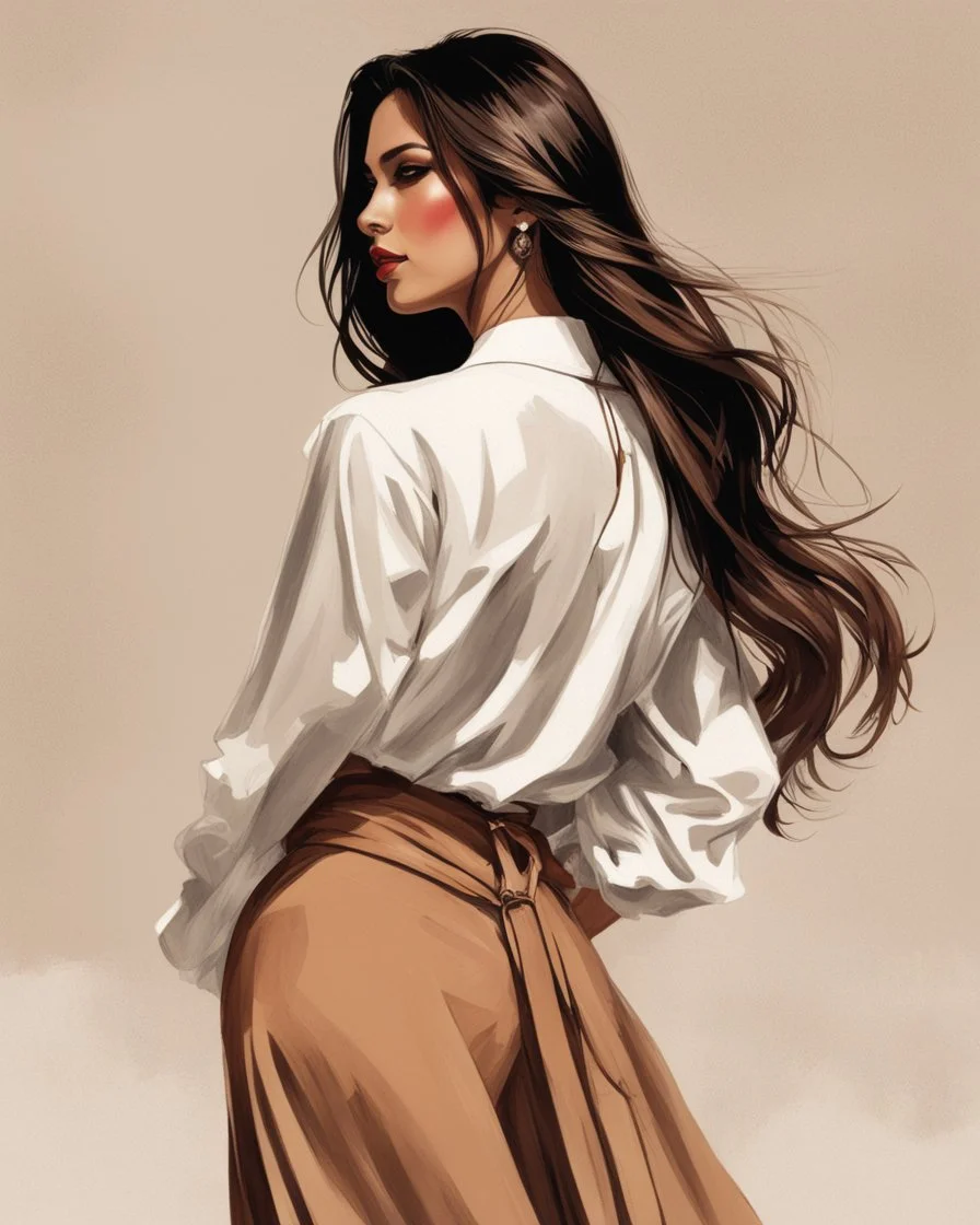 Drawing of a well-dressed Latina woman with a full shirt and long skirt, with long loose straight hair, brown, completely with her back to the camera, face completely with her back to the camera, (((face cannot be seen))), with head tilted looking at his navel