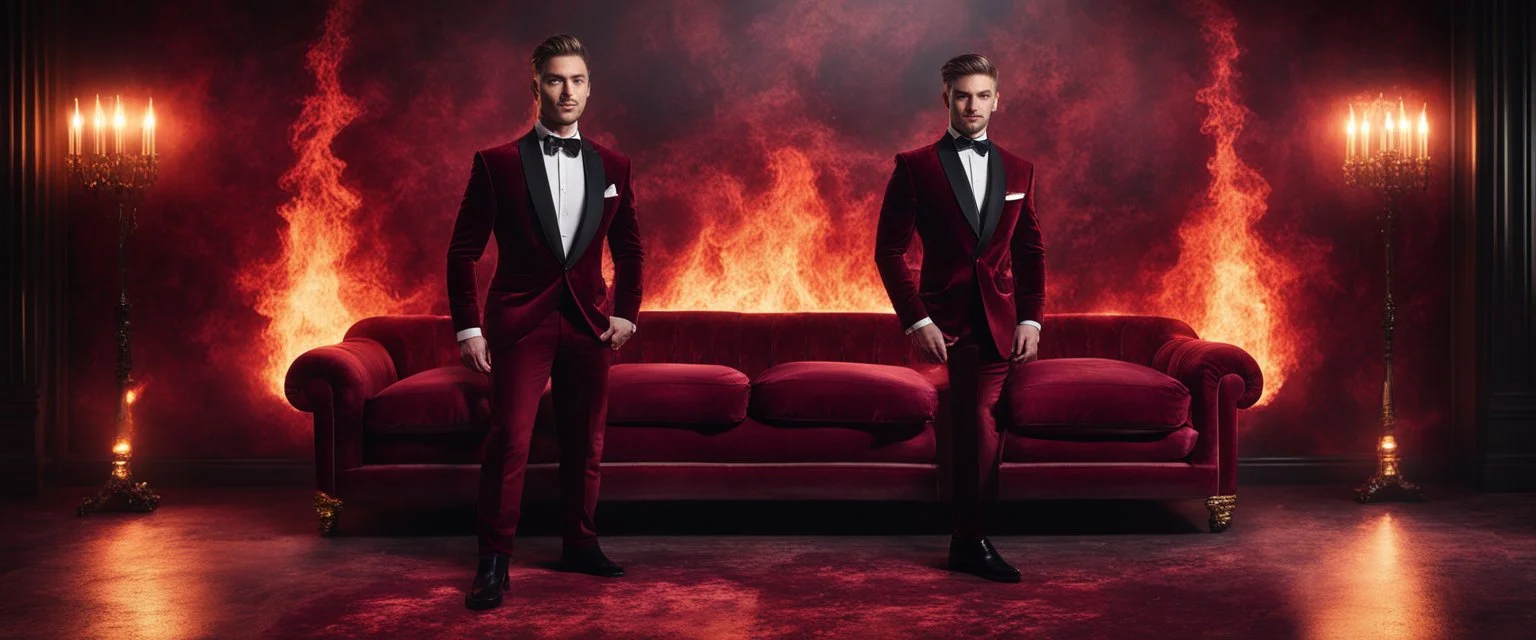 Hyper Realistic Handsome-Muscular-Man-with-little-smile Wearing Maroon-&-Black-Velvet-Tuxedo in flame-patterned-vintage-wall with glowing-embers on the floor in a dark-room with fancy-couch-&-fancy-lamps-on-wall