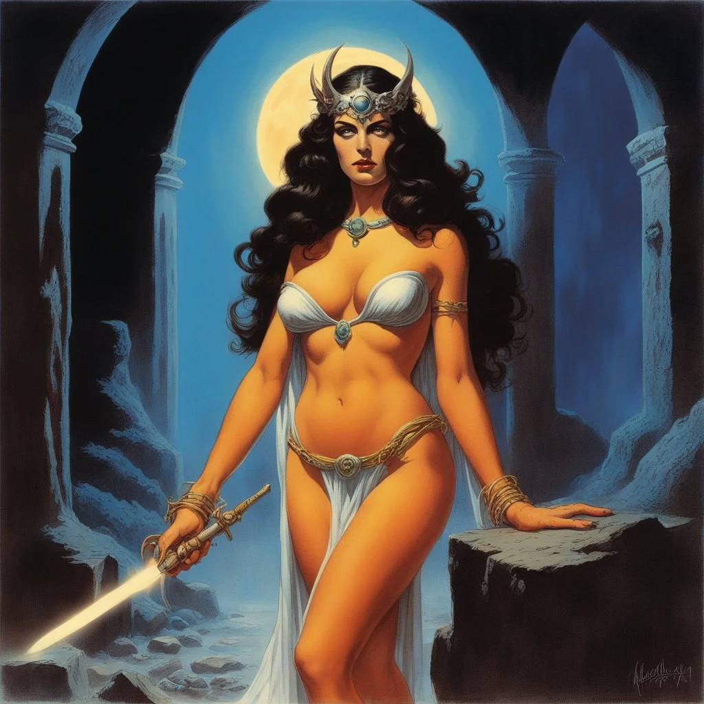 [art by Russ Meyer] Deep within the forsaken crypts, the beautiful Circe, a formidable goddess, with a mortal woman’s voice. She is the sister of the baleful Aeetes, both being children of the Sun who lights the world, by the same mother. Her twin blades gleaming with the light of long-forgotten power. Before her, a swarm of feral demons snarls and claws, but they dare not advance. Her helm, adorned with the curved horns of a conquered beast, hides the scars of a thousand battles.