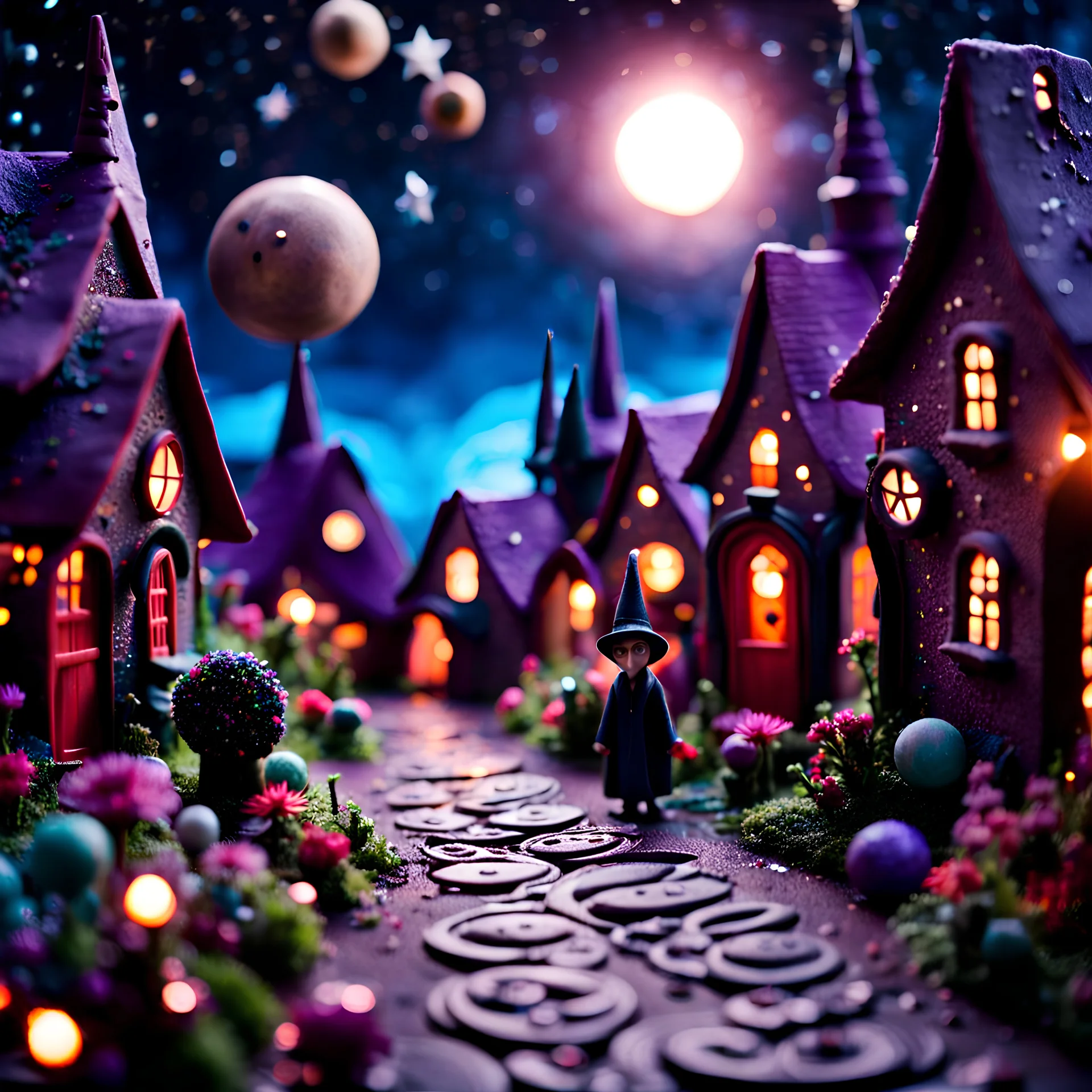 Detailed people, creepy street made of modeling clay, village, stars, galaxy and planets, sun, volumetric light flowers, naïve, Tim Burton, strong texture, extreme detail, Yves Tanguy, decal, rich moody colors, sparkles, Harry Potter, bokeh, odd