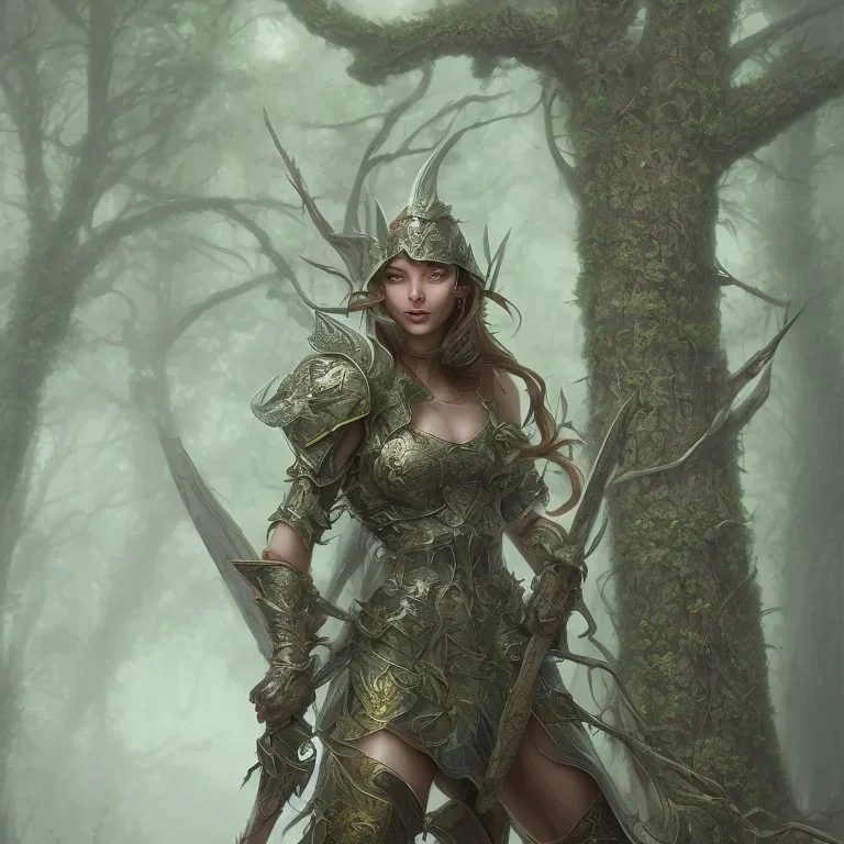 femme lézard guerrière sourire heroic fantasy dans une forêt de sapins brouillard