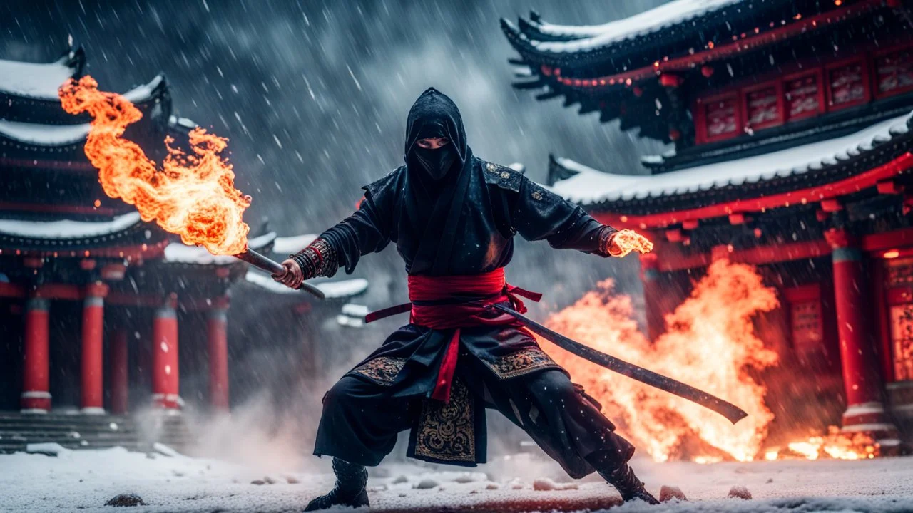 Hyper Realistic Photographic View Of A Handsome Muscular Ninja in his Traditional attire unleashing & attacking with fire-balls outside a dark abandoned Chinese Temple Ruins at dark heavy snowfall night with dramatic lighting & cinematic ambiance.