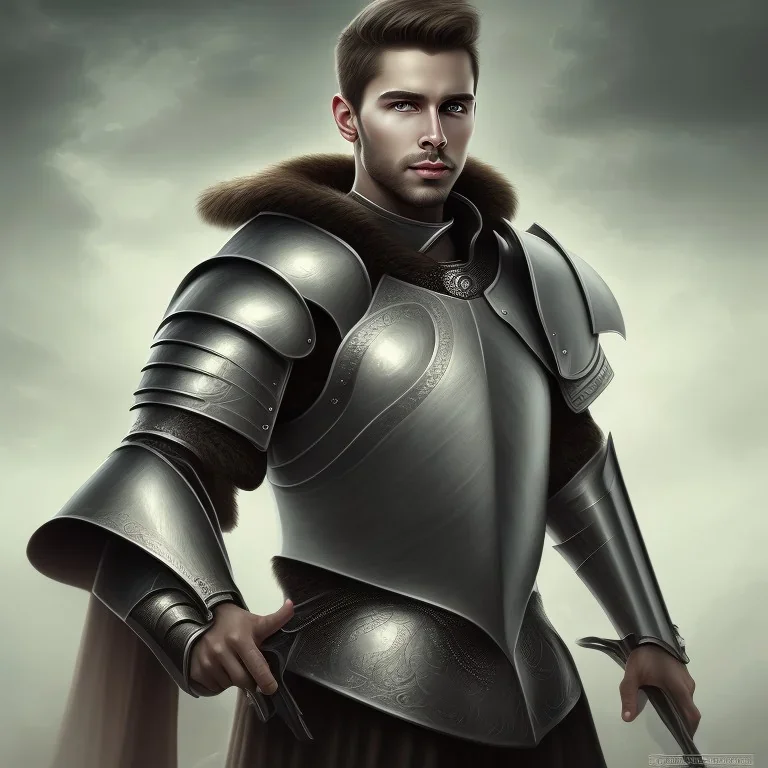 Portrait of a gorgeous man in armor, without beard, Has grey eyes, black hair.