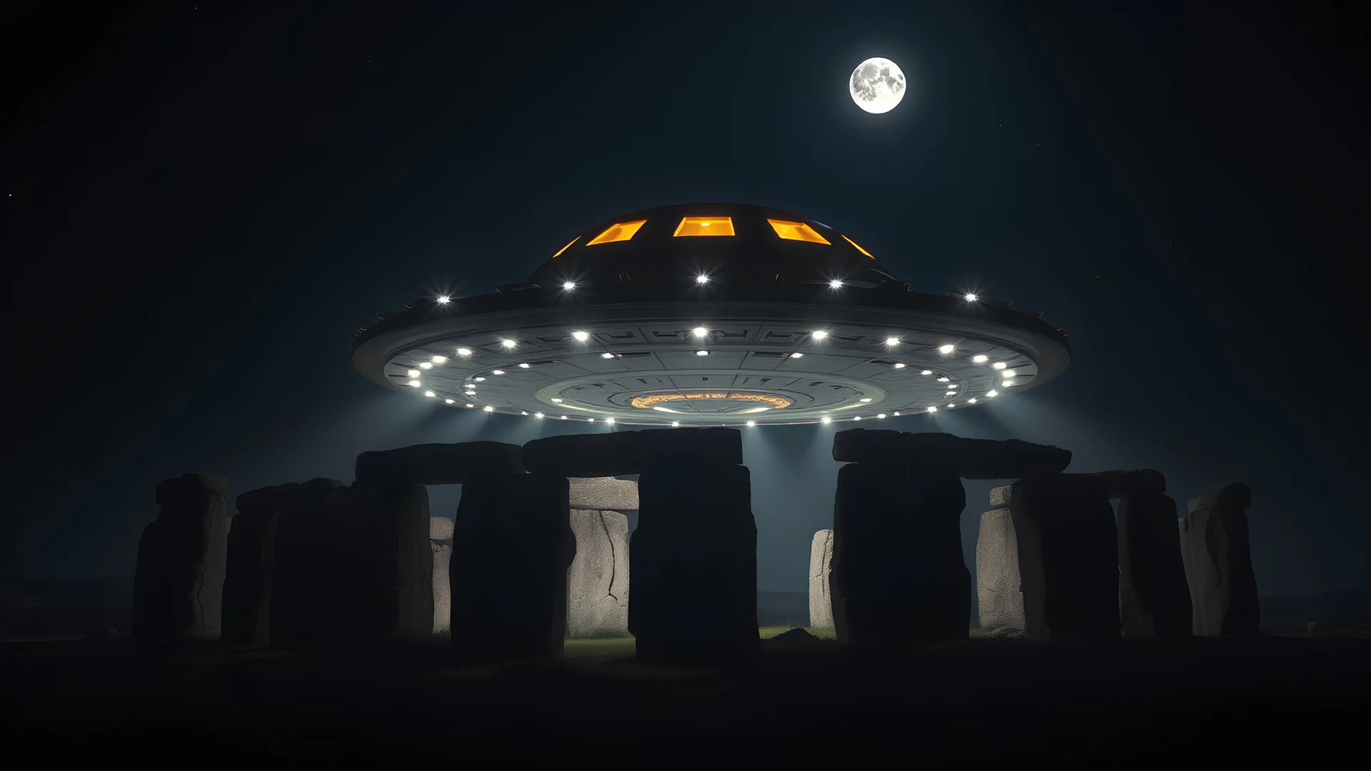 spectacular flying saucer with flashing lights, windows and spotlight onto the ground. Hovering over Stonehenge stone circle, night, dark sky, stars, moon, exquisite composition, beautiful detailed intricate detailed octane render, 8k artistic photography, photorealistic, perfect light, chiaroscuro, award-winning photograph, masterpiece