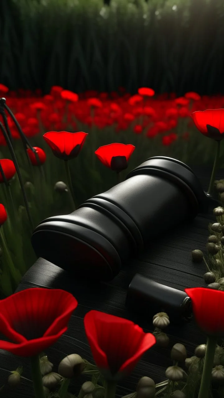 A wooden judge's gavel engraved with T letter. Next to a black pistol and two black leather gloves. Placed in a field filled with red poppies.. Dark garden background. Dark garden background cinematic.