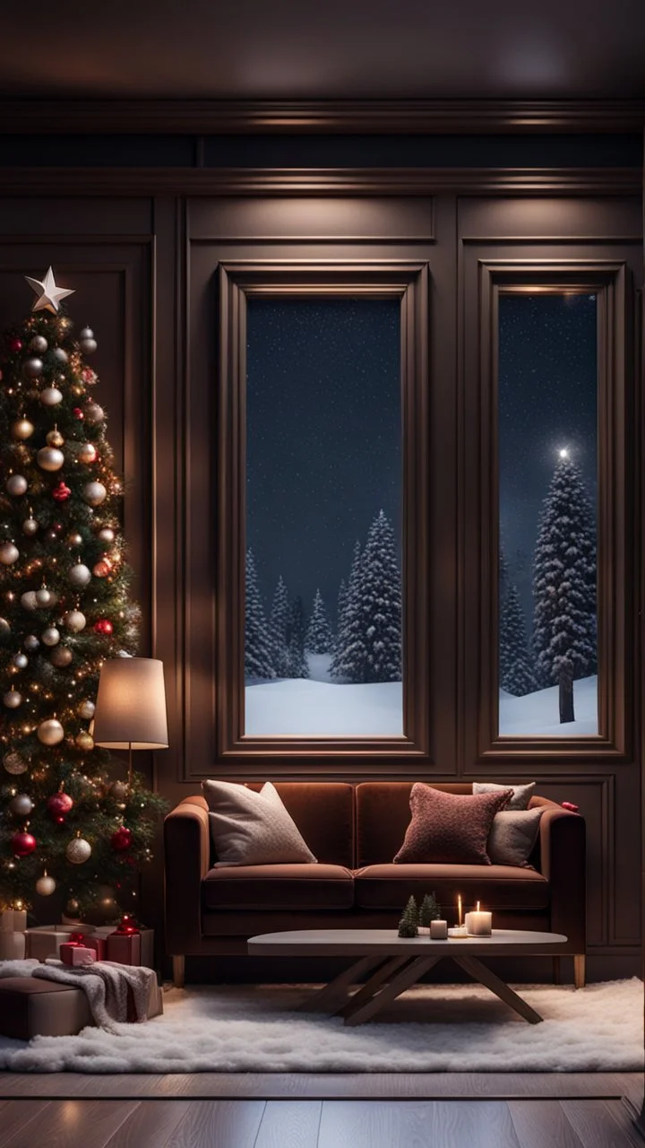 Hyper Realistic Dark Brown Living Room With Small Empty Wooden Frame & Fancy Velvet Furniture & Christmas Decoration at snowfall night from window view