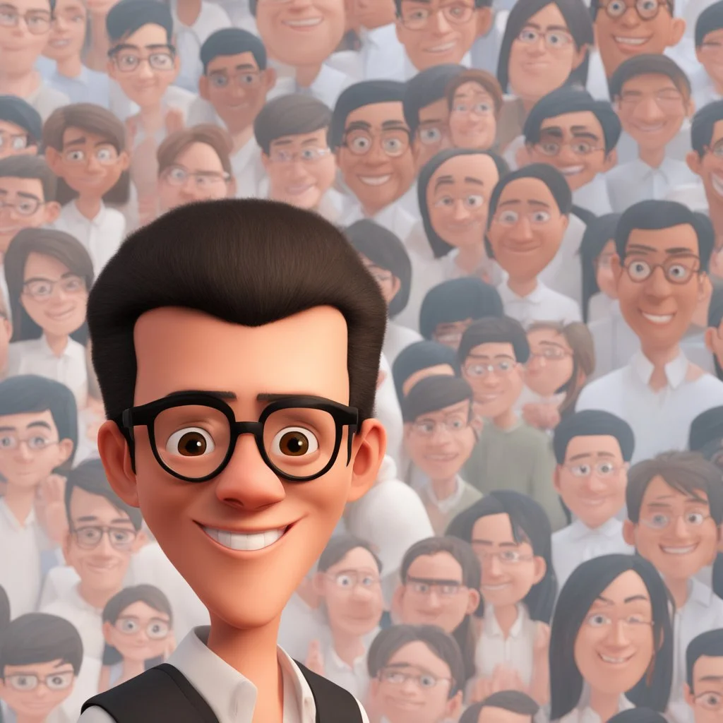 a portrait of smiling man. caricature. black thin rare hair. brown skin. black eye pupils. circle eye glasses, thin frame. rectangle face shape. white shirt with black vest. pixar style. 3D. 4k. portrait. highly detailed. sharp focus. high resolution. full color. cinema lighting