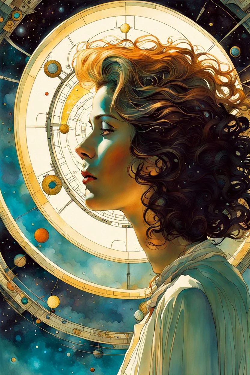 A portrait of the inner workings of the cosmic clockwork mind as she wonders at her own existence , Tracy Adams , Gabriel Pacheco , Douglas Smith , Bill Sienkiewicz, and Jean Giraud Moebius , muted natural color, sharp focus, ethereal and filled with wonder