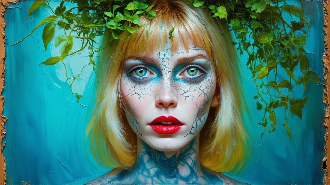 old retro photography, faded vignette, worn and cracked, double exposure, surrealism, blonde humanoid from another world, red lips, half body, greenish blue pale transparent glowing skin, plants growing out of head, tattoo, alien transparent eyes, hyperdetail, double exposure, Anna Razumovskaya, Anna Dittmann, Luis Royo, neo-impressionism, expressionism, oil painting. Vivid, detailed and textured brushstrokes reminiscent of Royo and Peter Coulson. Deep colors and dramatic lighting with cinematic