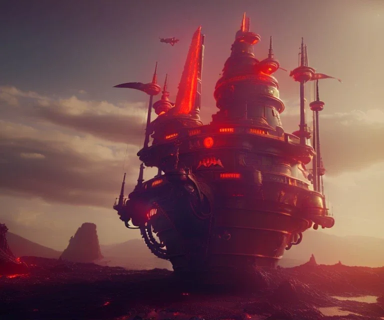 pirate ship, futuristic, metallic, laser cannons, lava