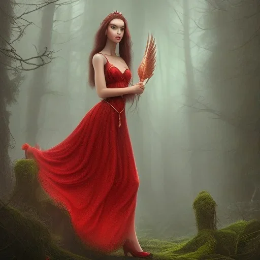 Girl with angelical face, black hair wearing long red dress in a magic forest, fantasy style, surrealism, 8k