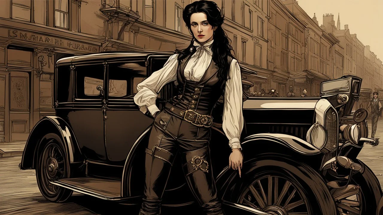 full-height portrait of a woman with straight shoulder-length black hair, with metal arms and legs, dressed in leather trousers, and a waistcoat, in a busy Victorian street next to a steampunk car