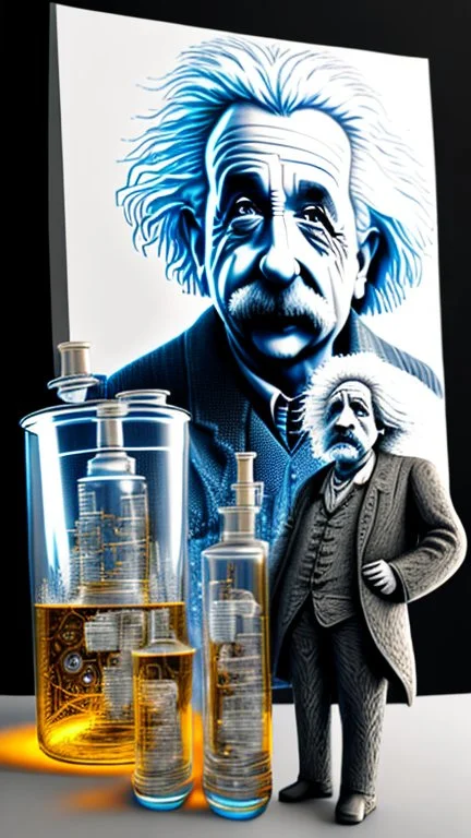 Albert Einstein, detailed and intricate calligraphy ink painting of a "cyborg Mad Scientist" holding beakers, outer space Background cosmic fractals, dystopian, concept art, unreal engine 5, god rays, ray tracing, RTX, lumen lighting, ultra detail, volumetric lighting, 3d, finely drawn, high definition, high resolution. award-winning: professional portrait: atmospheric: commanding: fantastical: clarity: 16k: ultra quality: striking: brilliance: stunning colors: amazing depth: masterfully crafted