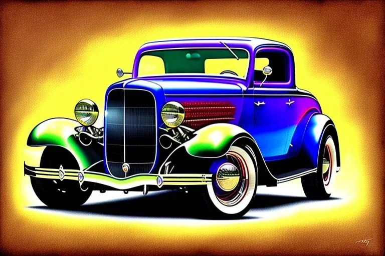 a true-to-life 1932 ford coupe deluxe, centered, intricate, extreme detailed, photorealism, center view, city background, pivot on ford, pen and color marker, painting by cheryl kelley