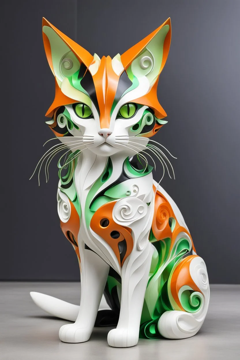 Sculpture of a beautiful cat with long, wavy, thick hair, pointed ears, bright green eyes, neofuturist style, orange, black and white colors, ultra quality, (((full body))), sitting on the floor