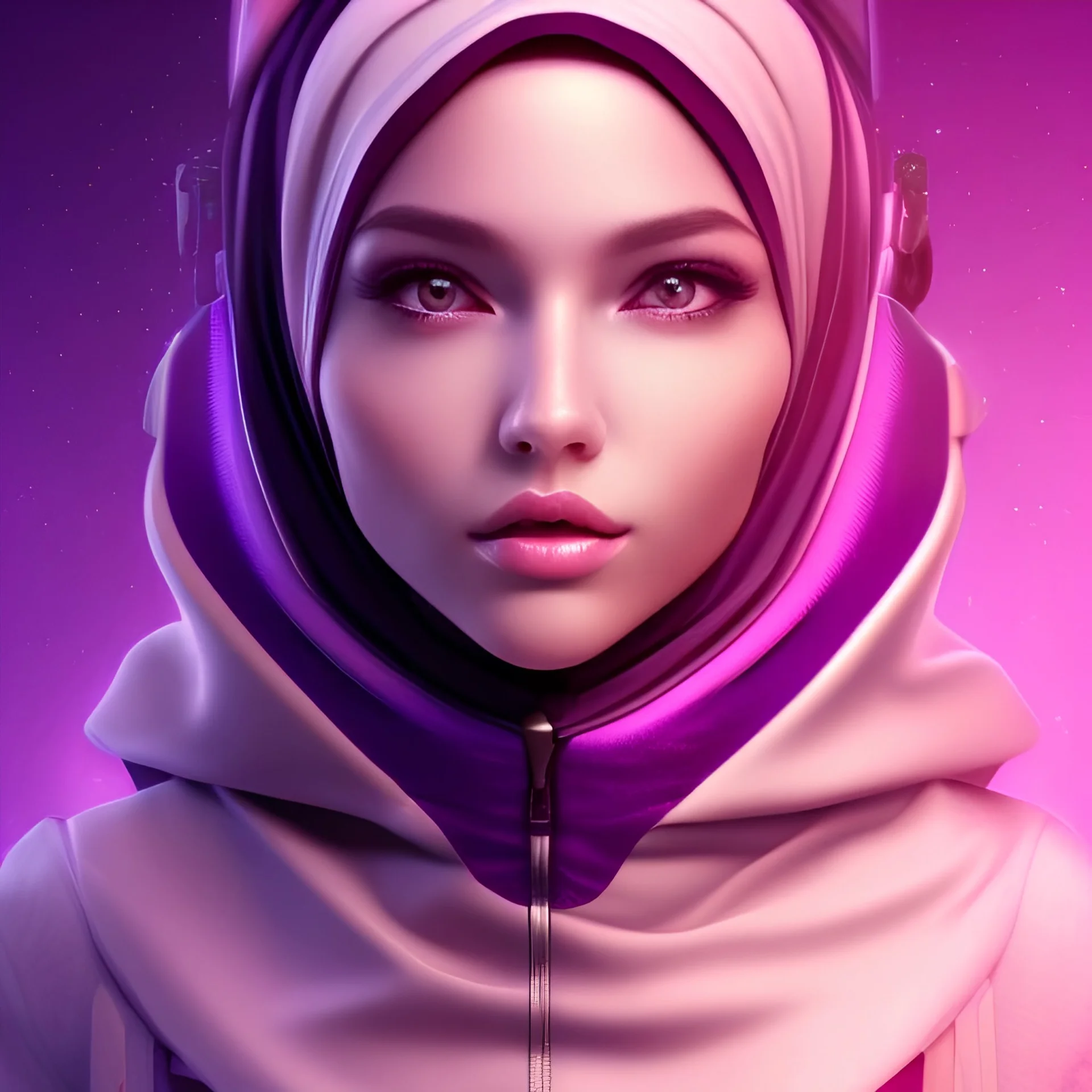 Cute girl face in hijab, Sci-fi character, purple backlight, pink and purple, scifi suit, profile, purple background, pink lighting