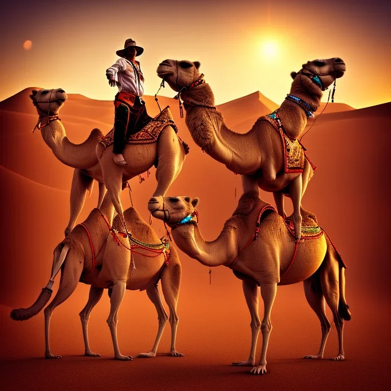 Camel walking in the desert with a group of metal singers , album cover