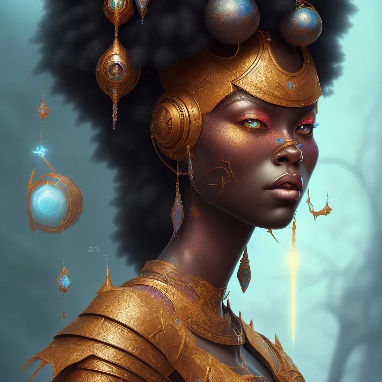 sango fantasy, fantasy magic, intricate, sharp focus, illustration, highly detailed, digital painting, concept art, matte, masterpiece head sexy African beauty black afro hair space lady space