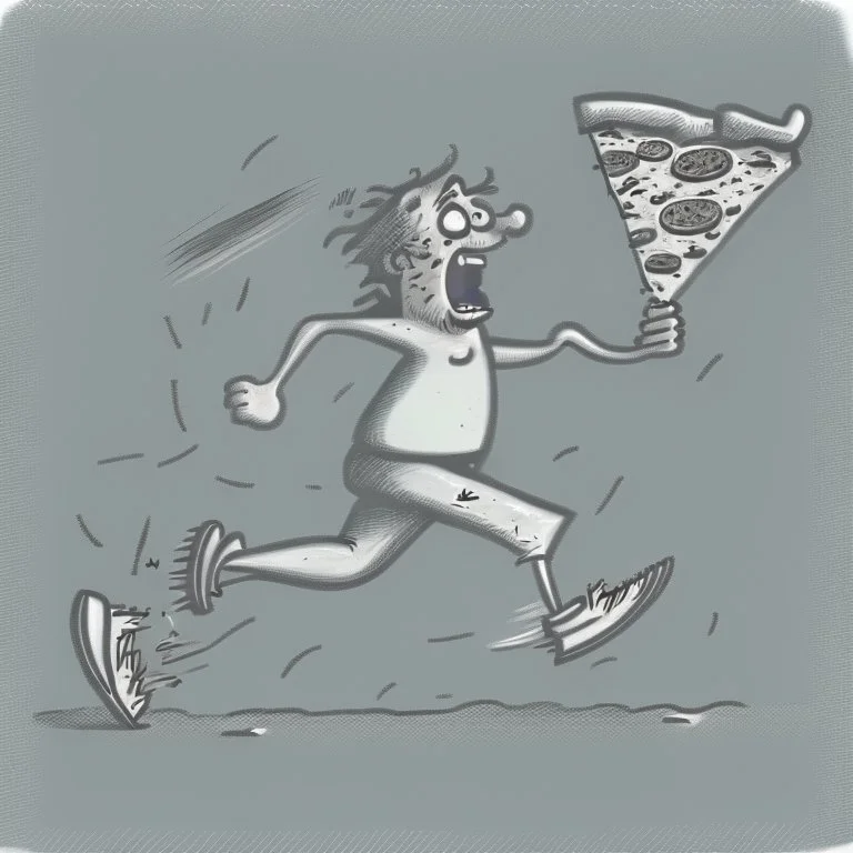 stick man running after a slice of pizza, caricature, drawing