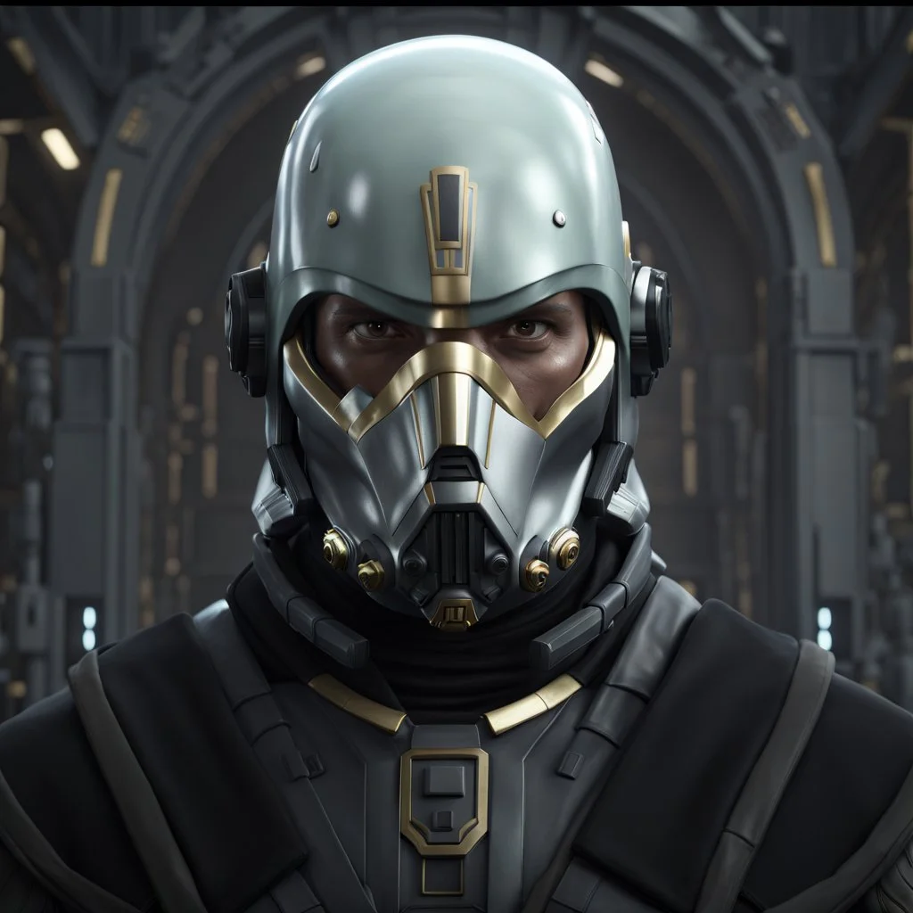 star wars bald male corellian pilot wearing pearlescent black and gunmetal grey First Order special forces heavy assault stealth commando armor and helmet with gold trim inside the jedi temple, hyperdetailed, dynamic lighting, hyperdetailed background, 8k resolution, volumetric lighting, light skin, fully symmetric details