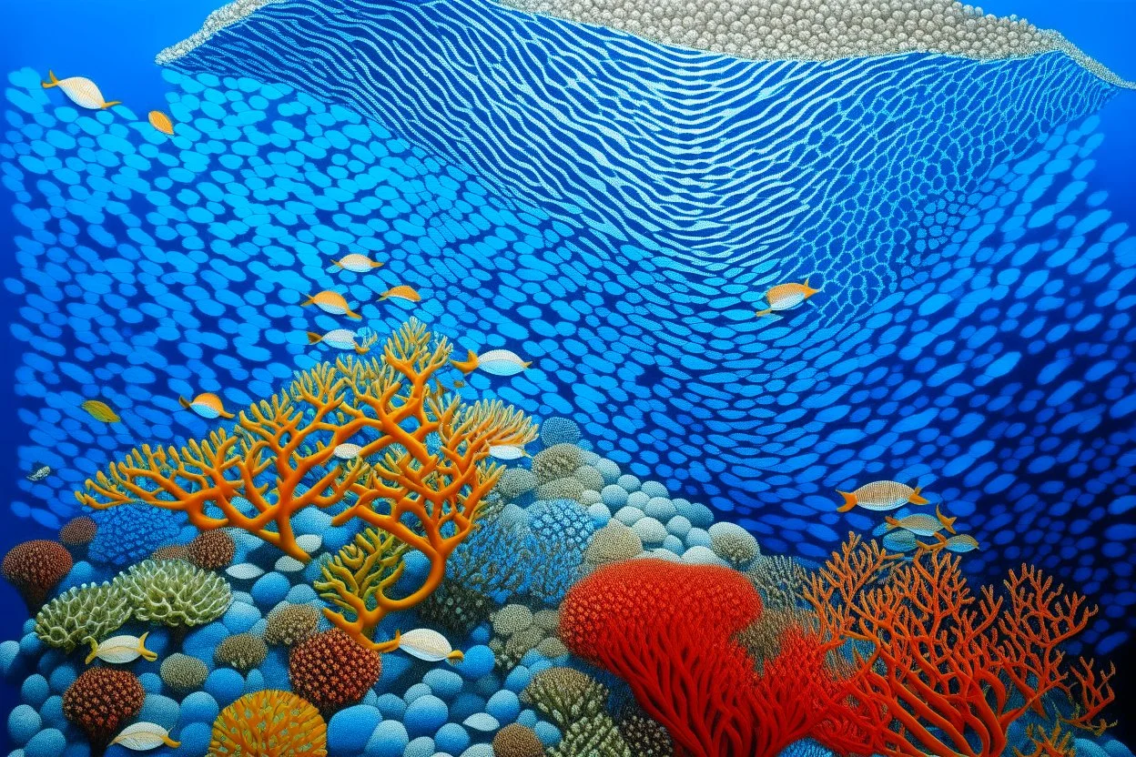 A cerulean blue warped coral reef designed in ancient Roman mosaics painted by Utagawa Hiroshige