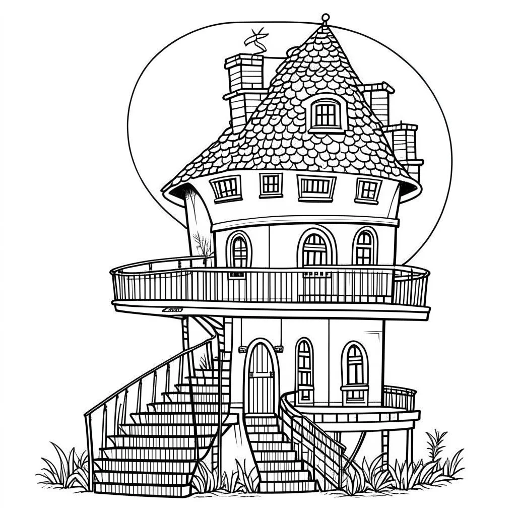 A fairy house with a spiral staircase and a balcony, exact shape, real image, minimal lines, white back ground color, real style, realistic, minimalistic, minimal black line art, line art, crisp line art, unique coloring sheet, outlined, outline, crisp, crisp line edges, illustration, thin lines, crisp clear lines, line art, clean line art, unique, 8k, no colors, no dark color, no black color, avoid thick black, minimalistic line edges, pure white back ground,