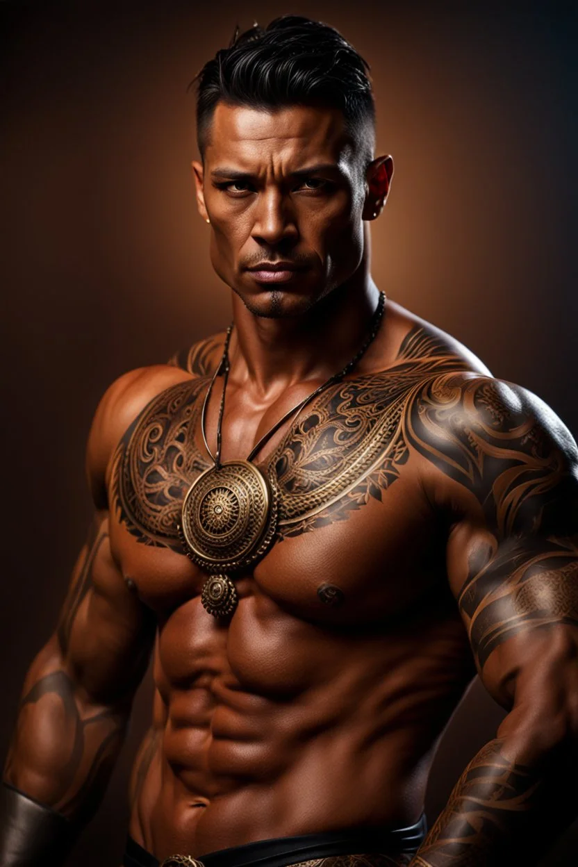 portrait of a 35 year old Handsome muscular warrior with light bronze skin adorned with tattoos. photorealistic