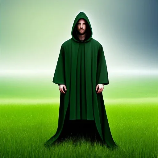 black robed and hooded monk in green field