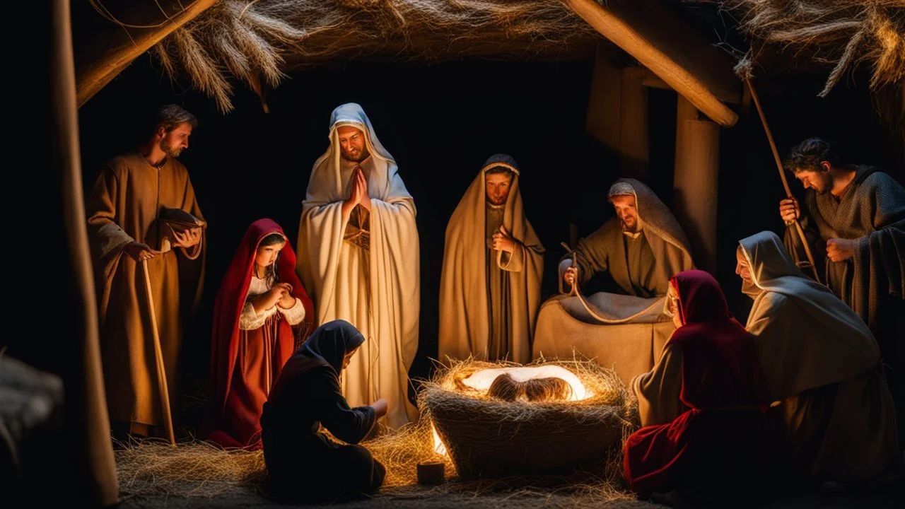 Traditional Christian nativity scene in the stable, baby Jesus in manger, Mary, Joseph, cow, donkey, shepherds, night, holy, beautiful, cozy, high resolution photograph