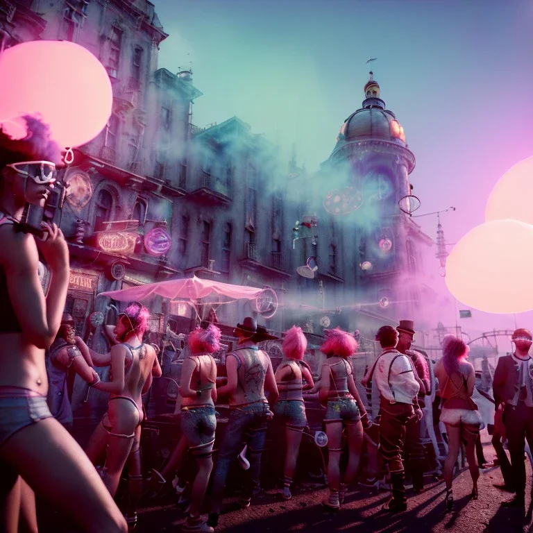 Ultra Realistic photo, medium shot view, drunken women, carnival scene, sexy steampunk. Pink hair, confeti, Sunglasses, smoking, happy, hot, red fog. highly detailed, concept art, unreal engine 5, ray tracing, RTX, lumen lighting, ultra detail, volumetric lighting, 3d, finely drawn, high definition, high resolution.