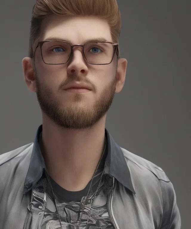 a young man, BLONDE hair, beard, green eyes, glasses, anime, deep colors, cyberpunk, great pose, Realistic photography, incredibly detailed, ultra-high resolution, 8k, complex 3d render, cinema 4d.