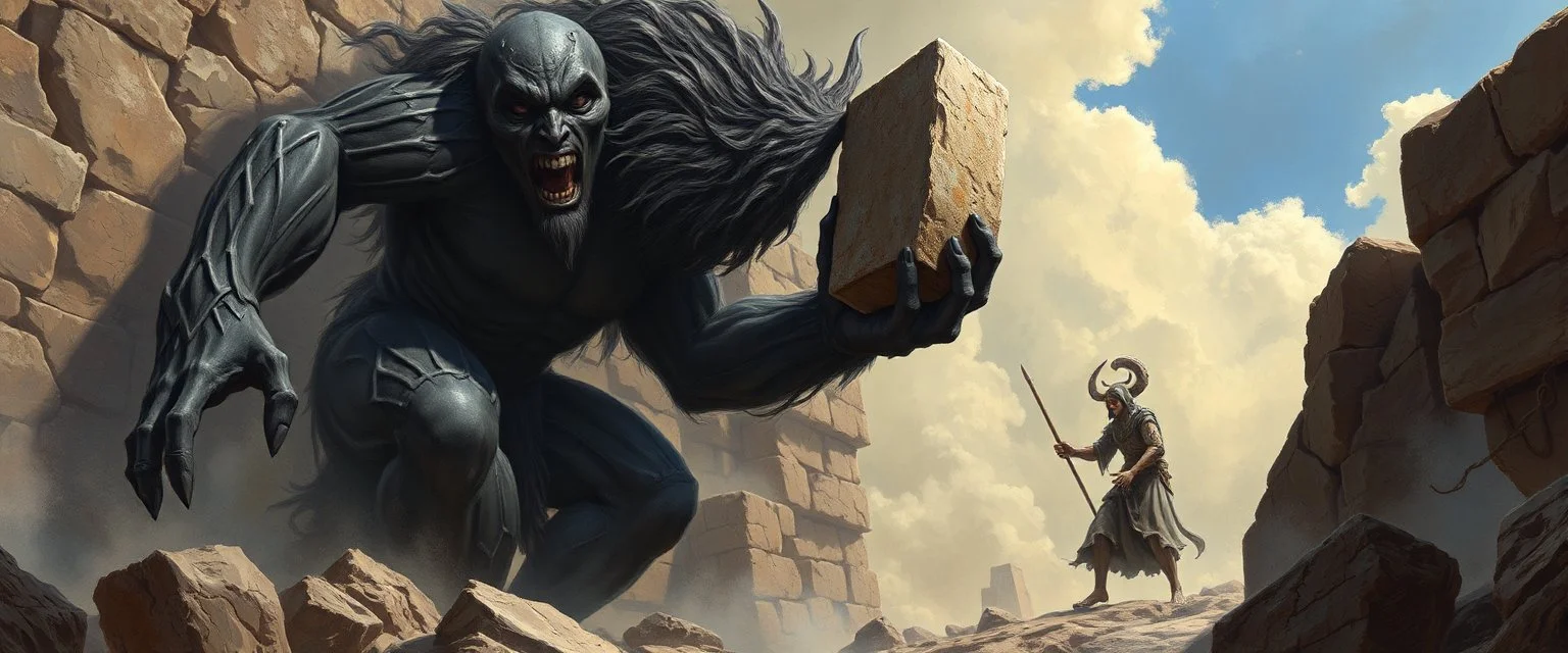 epic fantasy illustration, black giant nephilim enoch throwing stone sculpture into wall