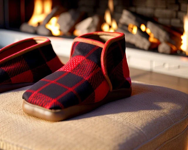 Red plaid slippers, bearskin,log cabin, stone fireplace