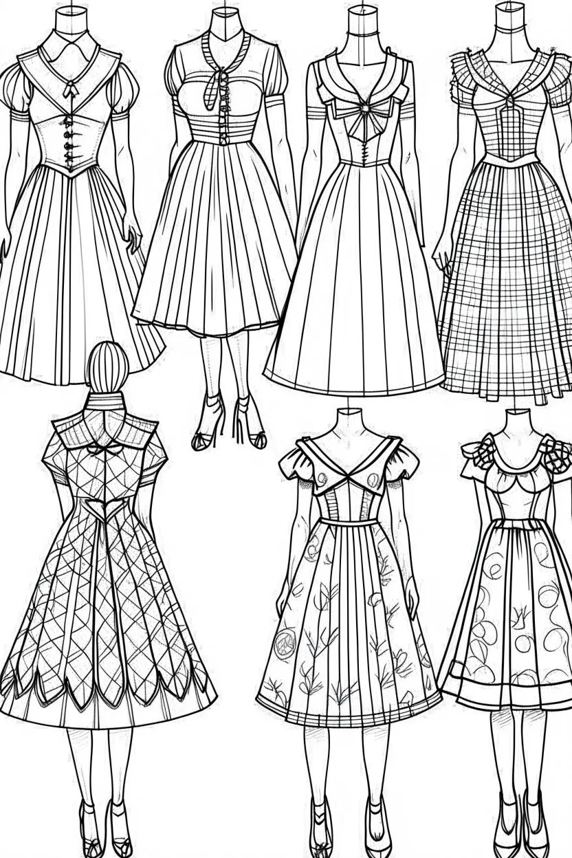 Outline art for coloring page OF 1945 MARY JANE DRESSES FOR GIRLS, coloring page, white background, Sketch style, only use outline, clean line art, white background, no shadows, no shading, no color, clear