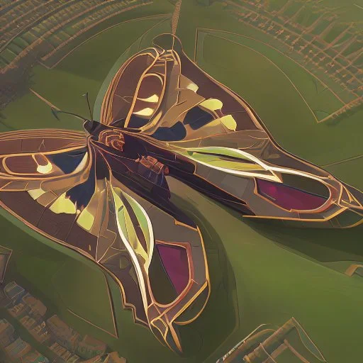 Vista aérea simétrica de un aeropuerto en forma de mariposa, espectacular, impactante, calidad ultra, maximalista, 8k 3D