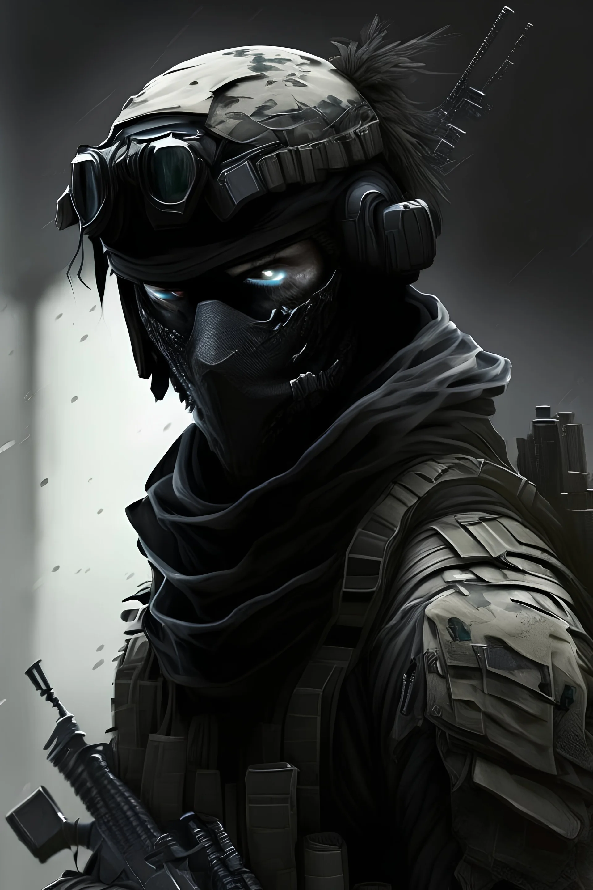 A soldier in the game modern warfare, he wears a solid black creepy helmet that covers his face. He is a sniper, but can also run point. His call sign is Wraith.