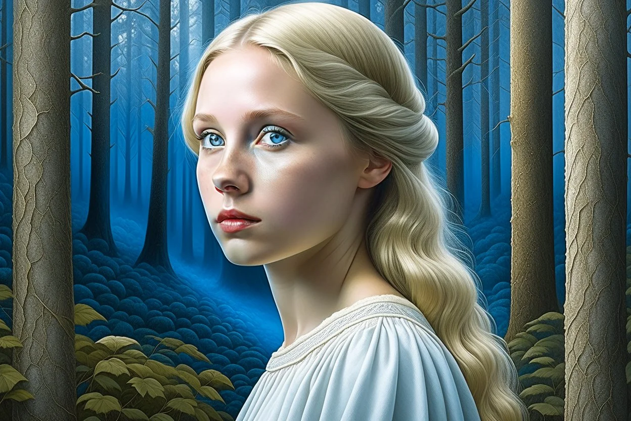 Beautiful blonde girl in a white dress, smooth, highly detailed face, blue eyes, portrait, digital art, aquarelle, watercolor style, background with dark forest, painting, masterpiece, art by john bauer, highly detailed, 8k, high resolution, intricate, jonna jinton