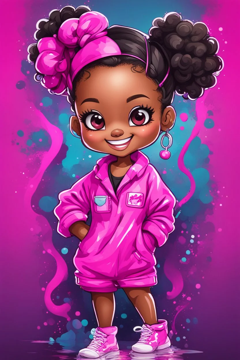 Create an abstract graffiti water color painting illustration of a chibi cartoon black female curvy smiling and hot pink scrub suit. Prominent make up with lush lashes and hazel eyes. Highly detailed slick ponytail thats wavy. background of the amour of stethoscopes