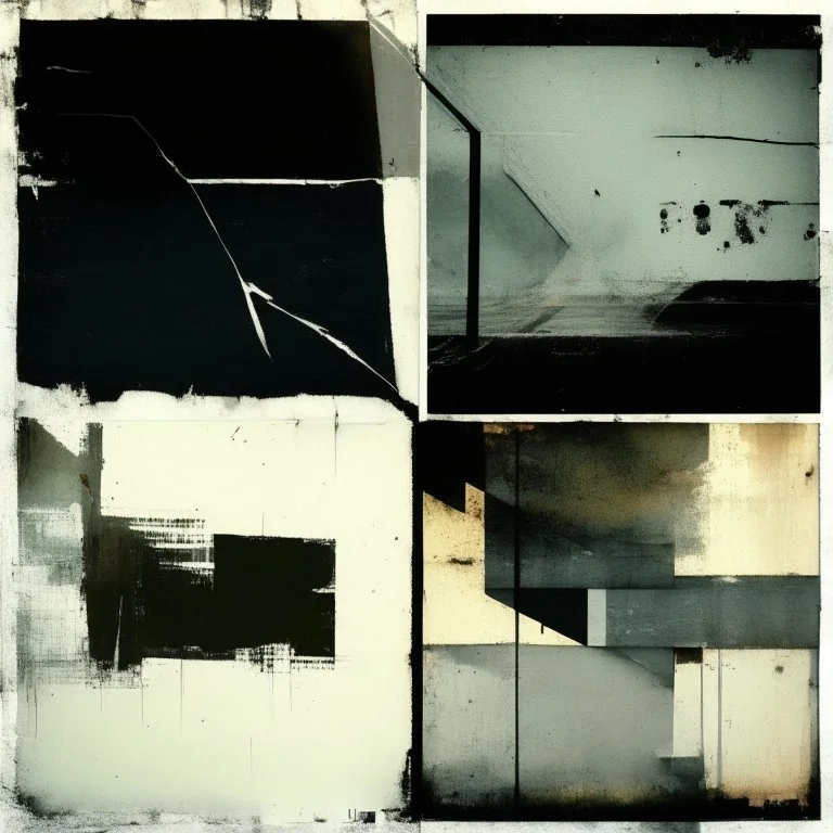 Minimal contemporary abstract oil paintings of desolate 1960s carpark with road markings and concrete fragments. Overlay with grungy typography graphics. style of Justin Mortimer and Francis Bacon.