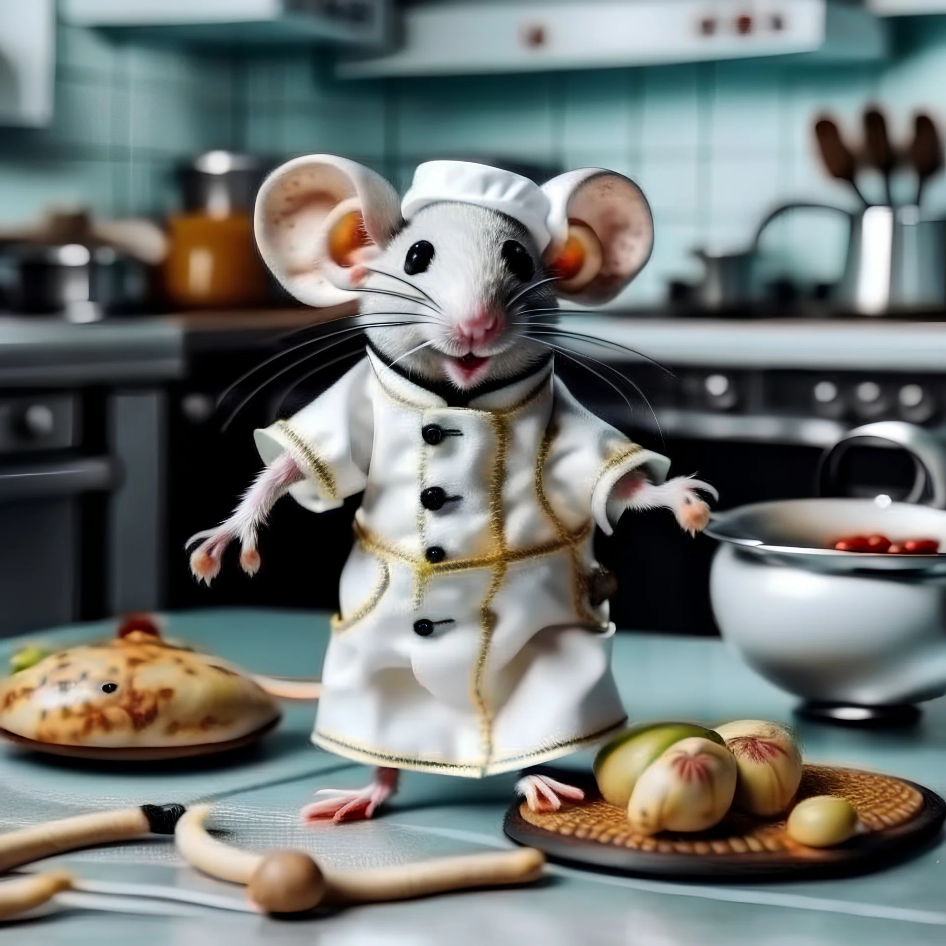 mouse Funny and cute in the shape of a sheep, wearing a cooking outfit that looks the same color as its skin, in the kitchen, cooking